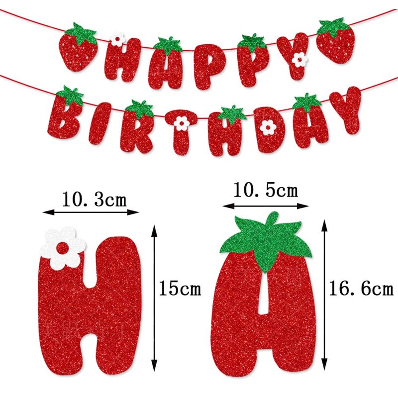 BIEUFBJI Strawberry Happy Birthday Banner, Glitter Strawberry Banner, Strawberry Theme Birthday Garland for Birthday Party Hanging Decorations - Image 2